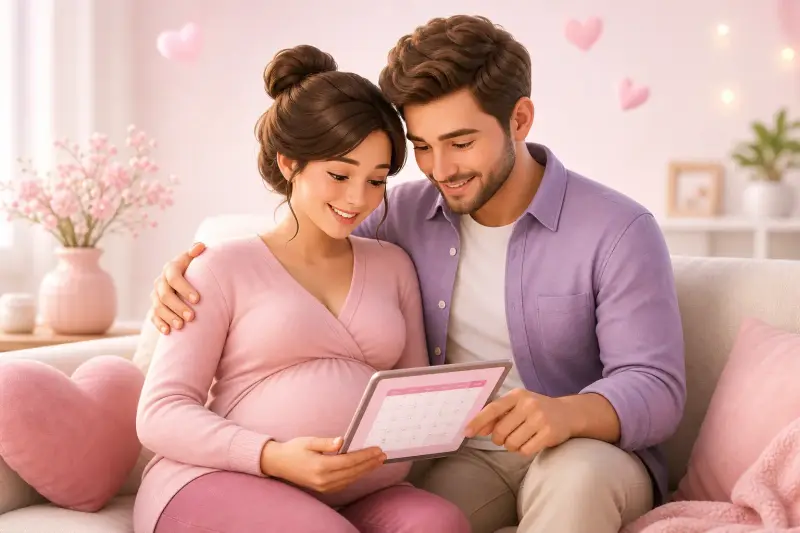 Couple enceint consultant le calendrier de grossesse sur tablette
